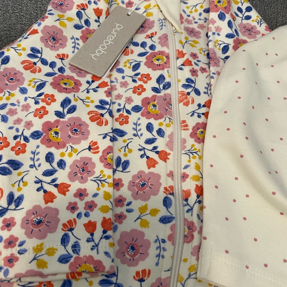 Purebaby Zip Growsuit 2 Pack Sz 6-9 Mod Pansy Print & Pink Dot NWT One Piece - Picture 2 of 7